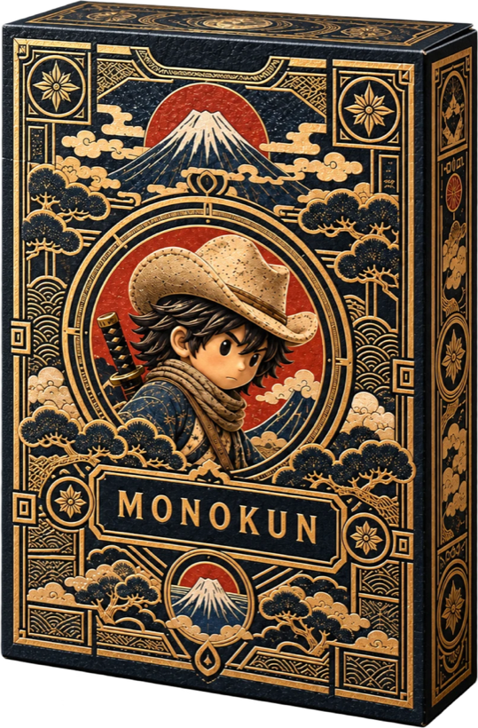 The Mono-kun playing card box: navy and gold, Mono-kun under Mount Fuji, MONOKUN on the front