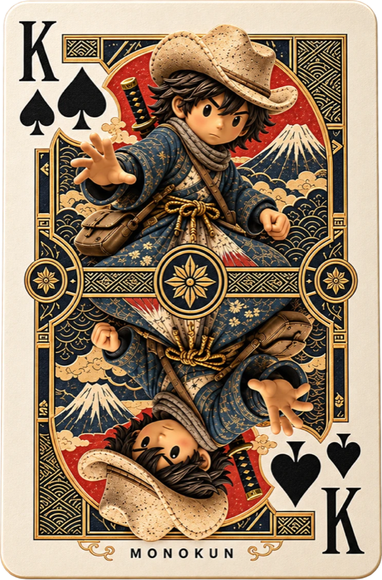 The Mono-kun king of spades playing card: Mono-kun in his wanderer coat, mirrored top and bottom, with Mount Fuji