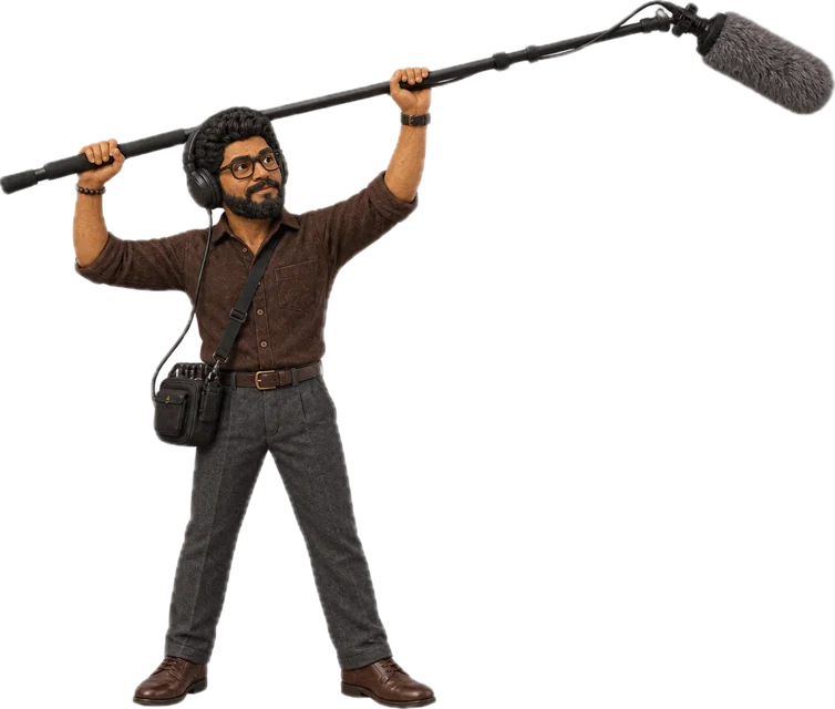 A sound recordist in headphones holding a boom microphone overhead