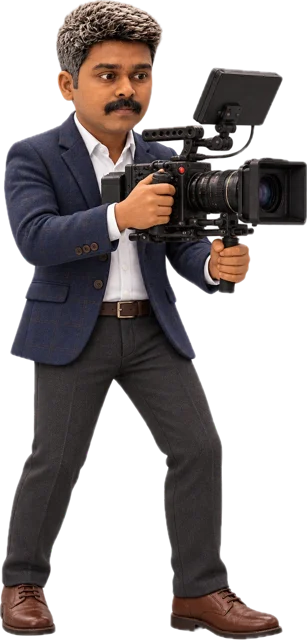 A camera operator in a navy blazer filming with a cinema camera