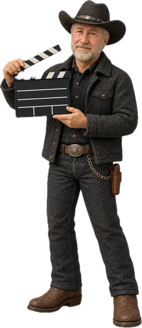 A film crew member in a black cowboy hat holding a clapperboard