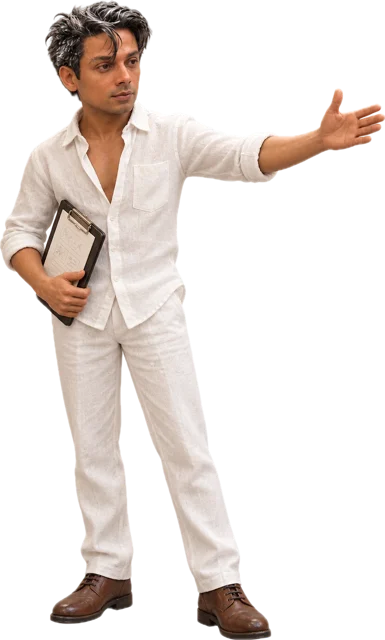 A director in white linen with a clipboard, gesturing toward the scene