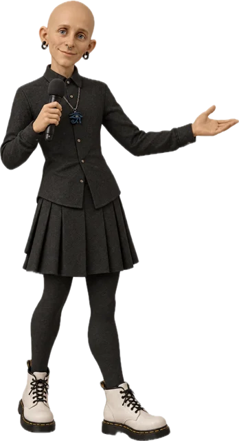 An event host in black holding a microphone and presenting with an open hand