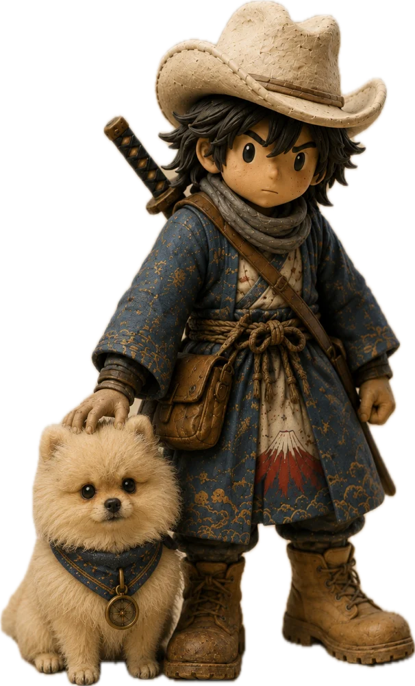 Mono-kun resting his hand on a small fluffy Pomeranian with a compass collar
