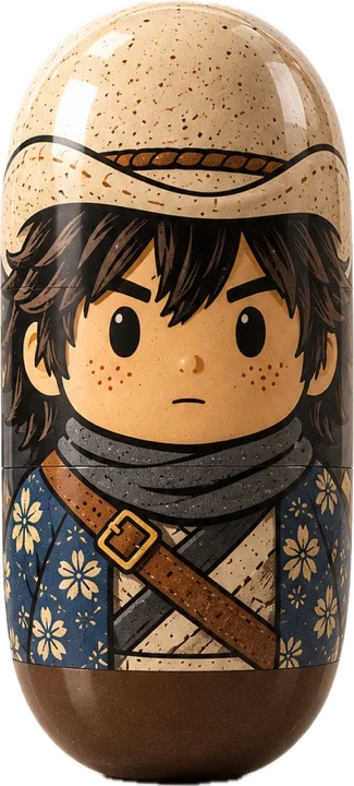 A Mame capsule painted with Mono-kun's face, hat and scarf