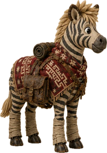 Monotaur, a zebra wearing a red patterned poncho, a satchel and a bedroll