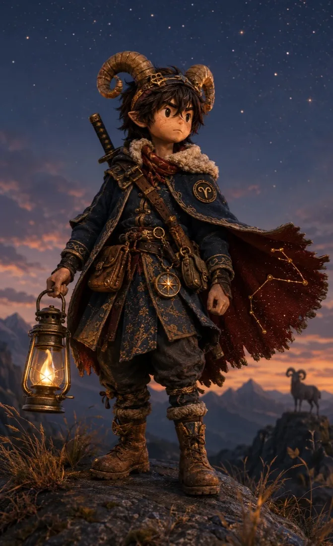 Mono-kun as Aries: ram horns, a cape with a constellation and a lantern, on a mountain at dusk
