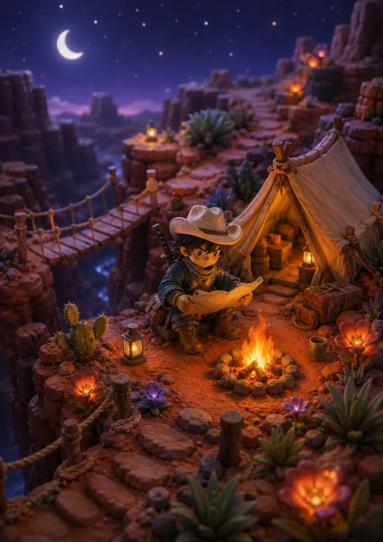 Clay diorama at night: Mono-kun reading a map by a campfire on a canyon ledge, a tent and rope bridge behind him