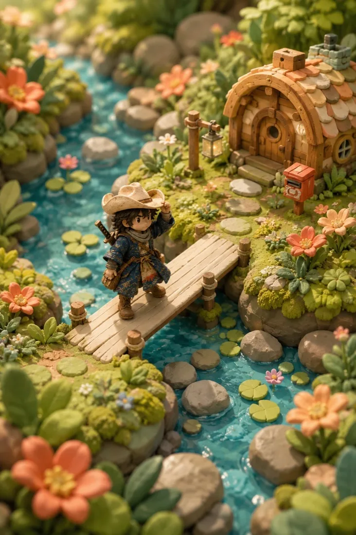 Clay diorama: Mono-kun crossing a wooden footbridge over a turquoise creek toward a little cottage