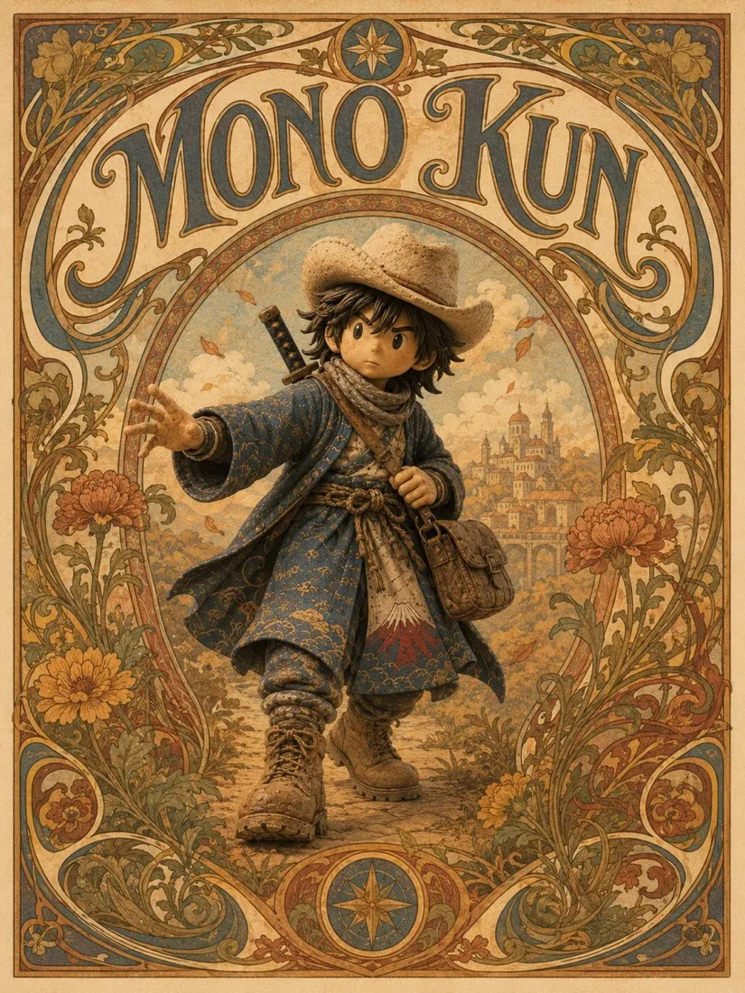 Art nouveau poster titled Mono Kun: he strides through autumn leaves, a hilltop town behind him