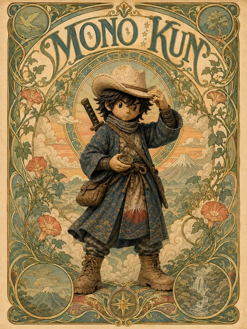Art nouveau poster titled Mono Kun: he tips his hat and holds a compass, Mount Fuji behind him