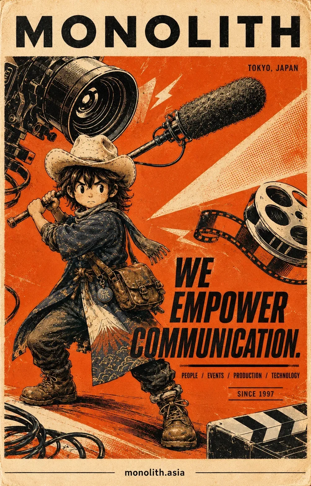 Monolith poster in a vintage comic style: Mono-kun swings a boom microphone among film cameras, reels and a clapperboard; We empower communication