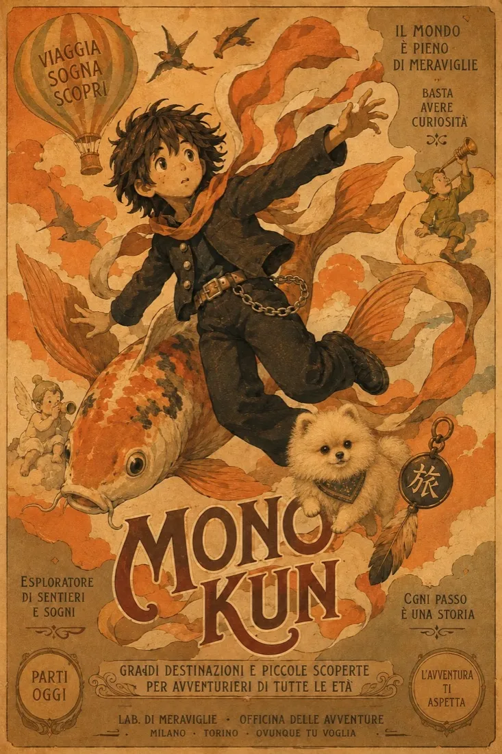 Vintage Italian poster titled Mono Kun: he flies through orange clouds on a giant koi with a Pomeranian