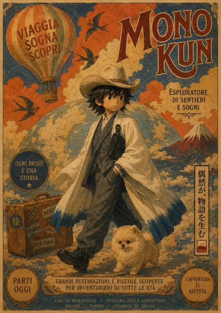 Vintage Italian travel poster titled Mono Kun: he walks in a long white coat beside a Pomeranian, a hot-air balloon and Mount Fuji behind