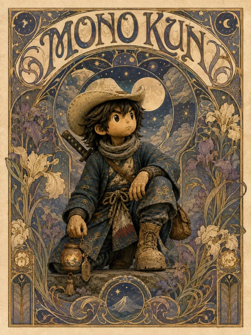 Art nouveau poster titled Mono Kun: he kneels on a rock under a full moon, holding a small lantern