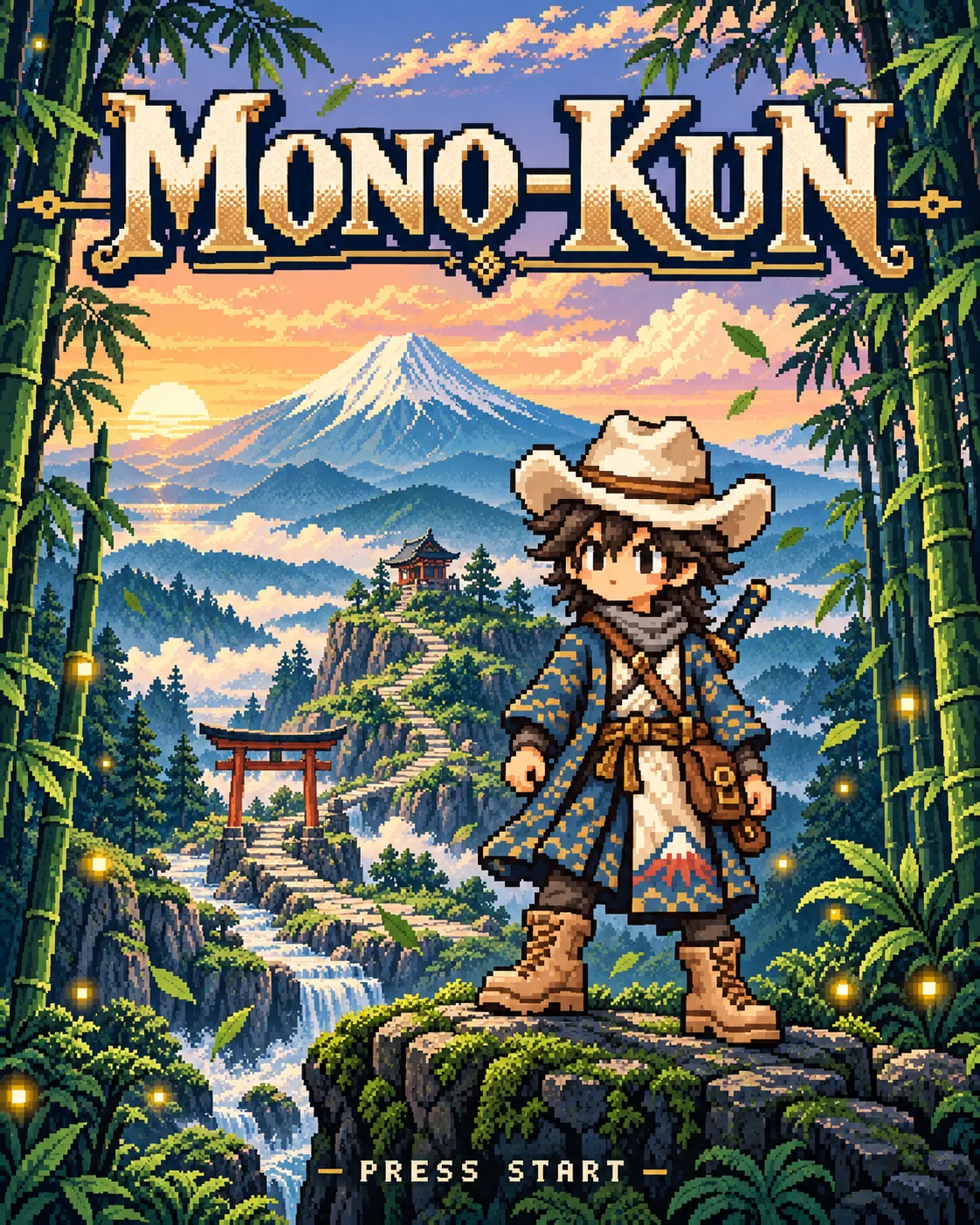 Retro pixel-art game title screen: MONO-KUN in gold letters, Mono-kun on a mossy cliff among bamboo and fireflies, Mount Fuji, a torii gate and a waterfall at sunset; Press Start