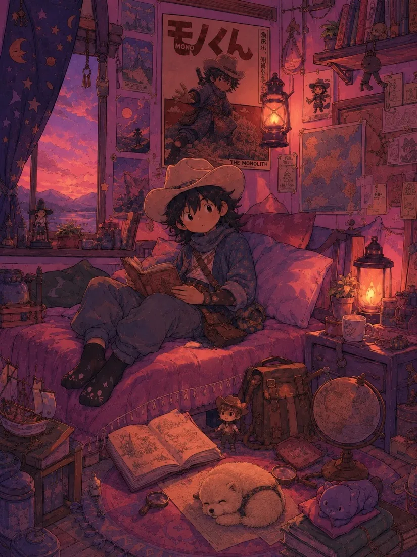 Illustration: Mono-kun reading on his bed in a cozy room at dusk, a Mono-kun poster on the wall and a dog asleep on the rug