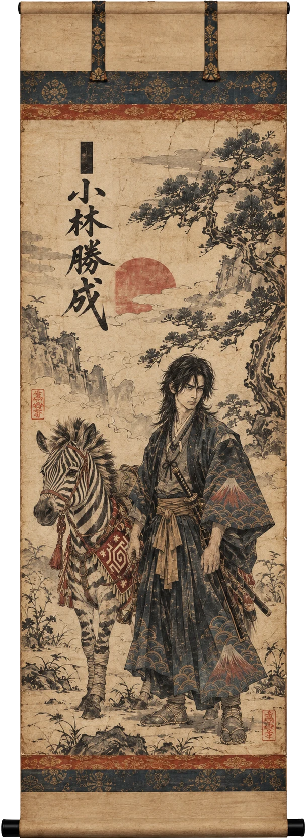 Hanging scroll in sumi ink: Katsunari Kobayashi, 小林勝成, standing beside a zebra under a pine tree, a red sun behind them