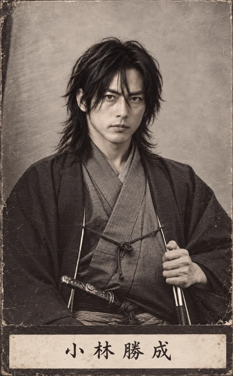 Antique sepia portrait of Katsunari Kobayashi in a dark kimono with his sword, above a name plate reading 小林勝成