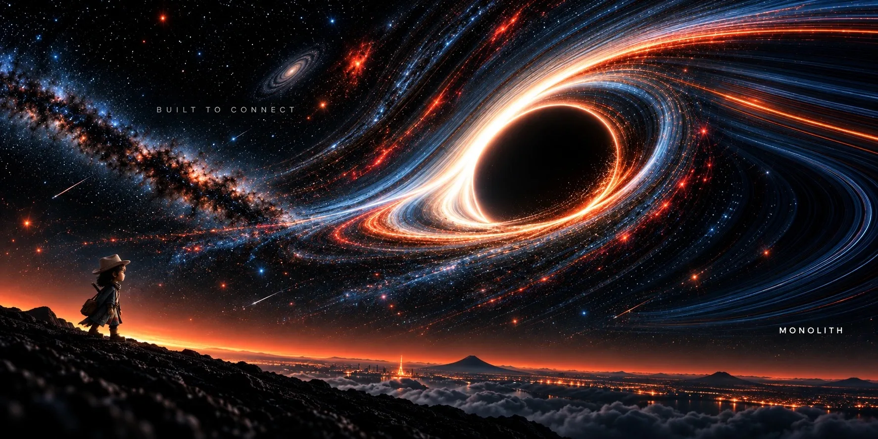 Mono-kun on a dark hillside looking up at a swirling galaxy, with the words Built to connect and Monolith