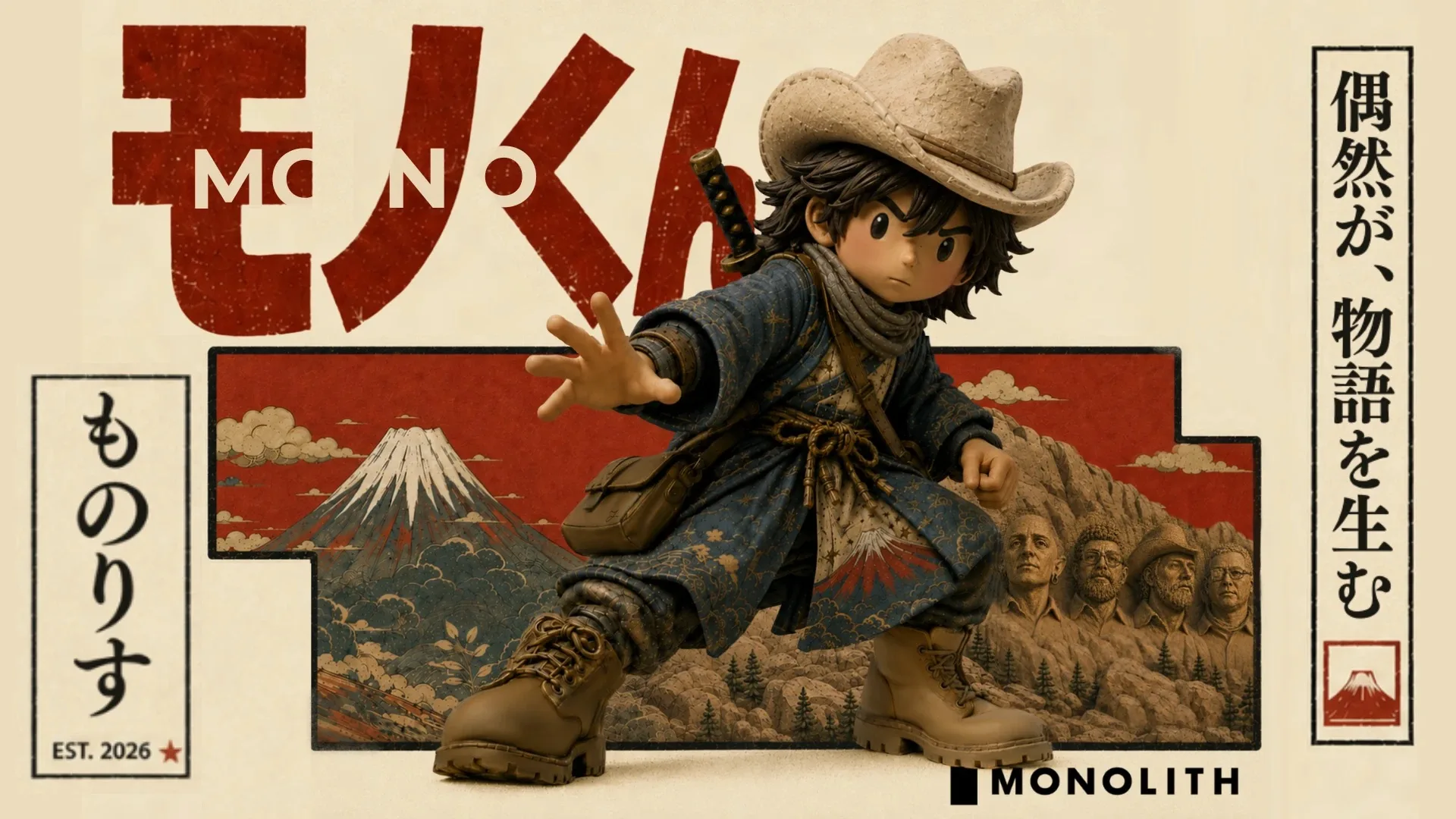 The main Mono-kun poster: Mono-kun leaps forward in front of Mount Fuji under the red title モノくん MONO, with ものりす EST. 2026 on the left, 偶然が、物語を生む on the right and MONOLITH in the corner