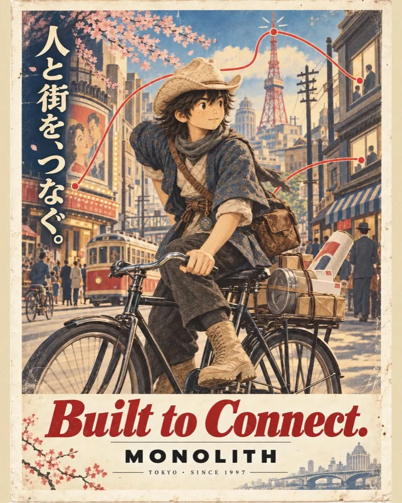 Poster: Mono-kun riding a delivery bicycle through old Tokyo, with the line Built to Connect, Monolith