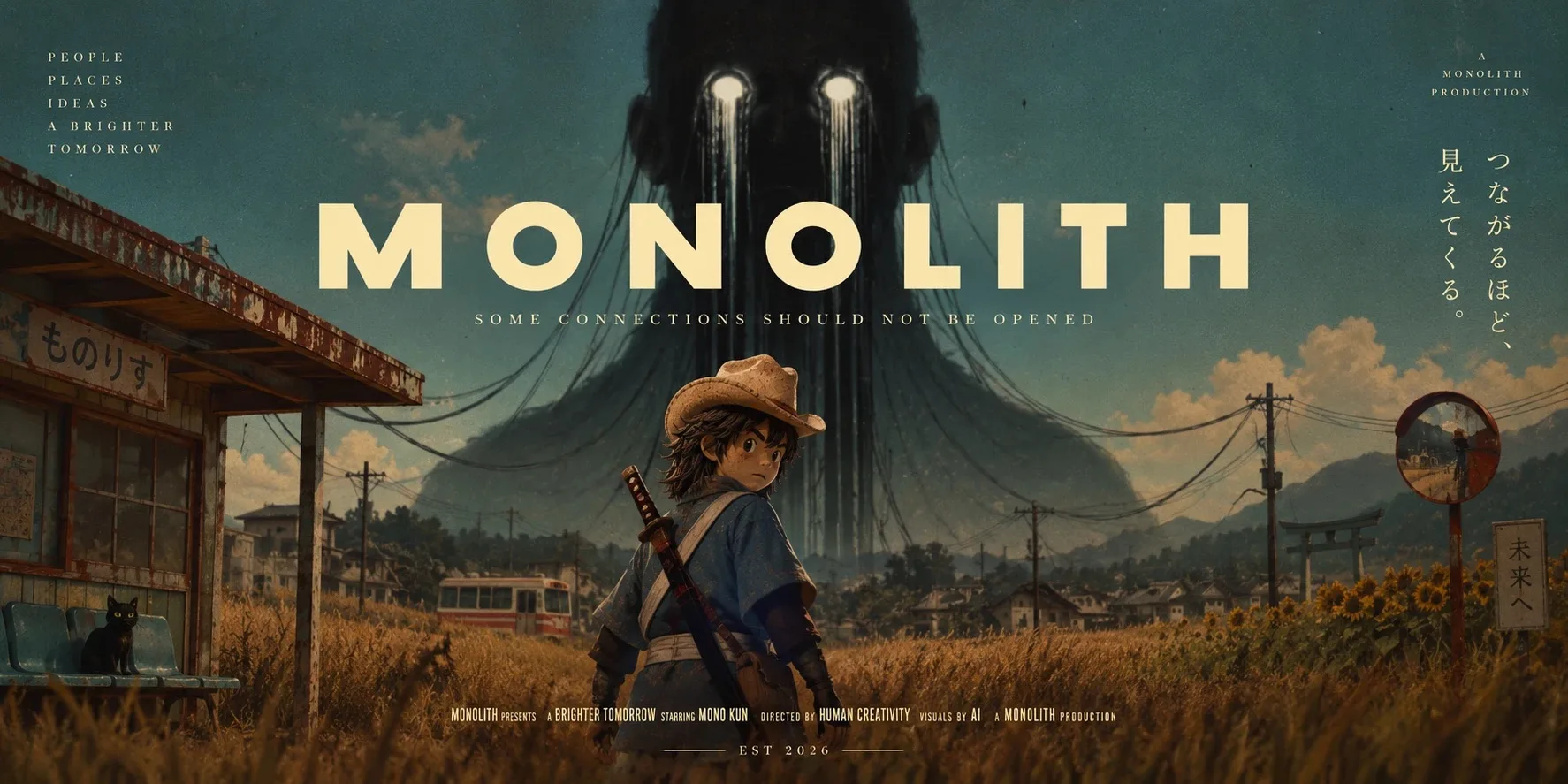Monolith poster: Mono-kun in a summer field by an old bus stop, a giant dark figure with glowing eyes behind him; Some connections should not be opened