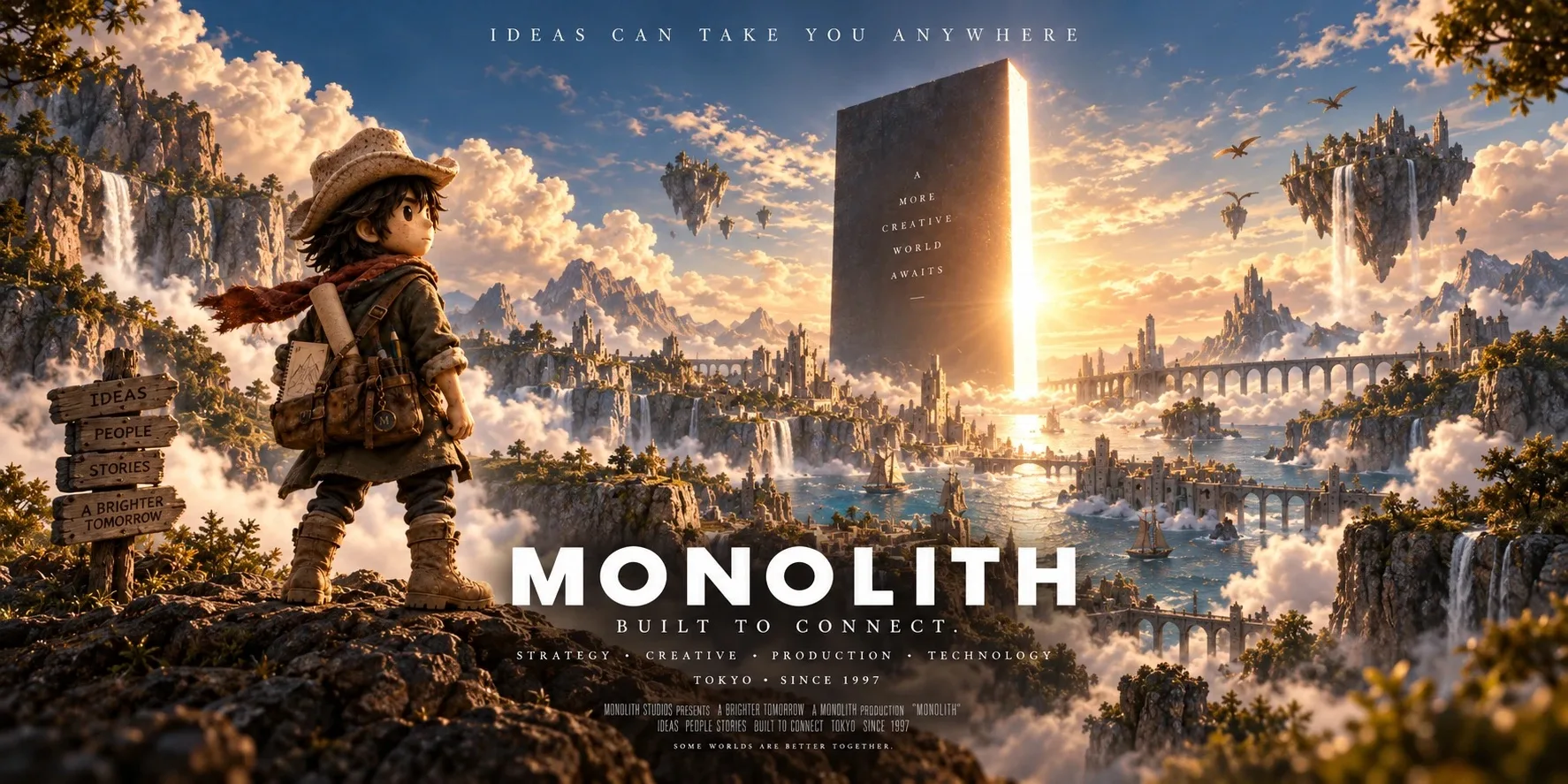 Monolith poster: Mono-kun on a cliff looks out at floating islands, waterfalls and a glowing monolith; Ideas can take you anywhere. Built to connect.