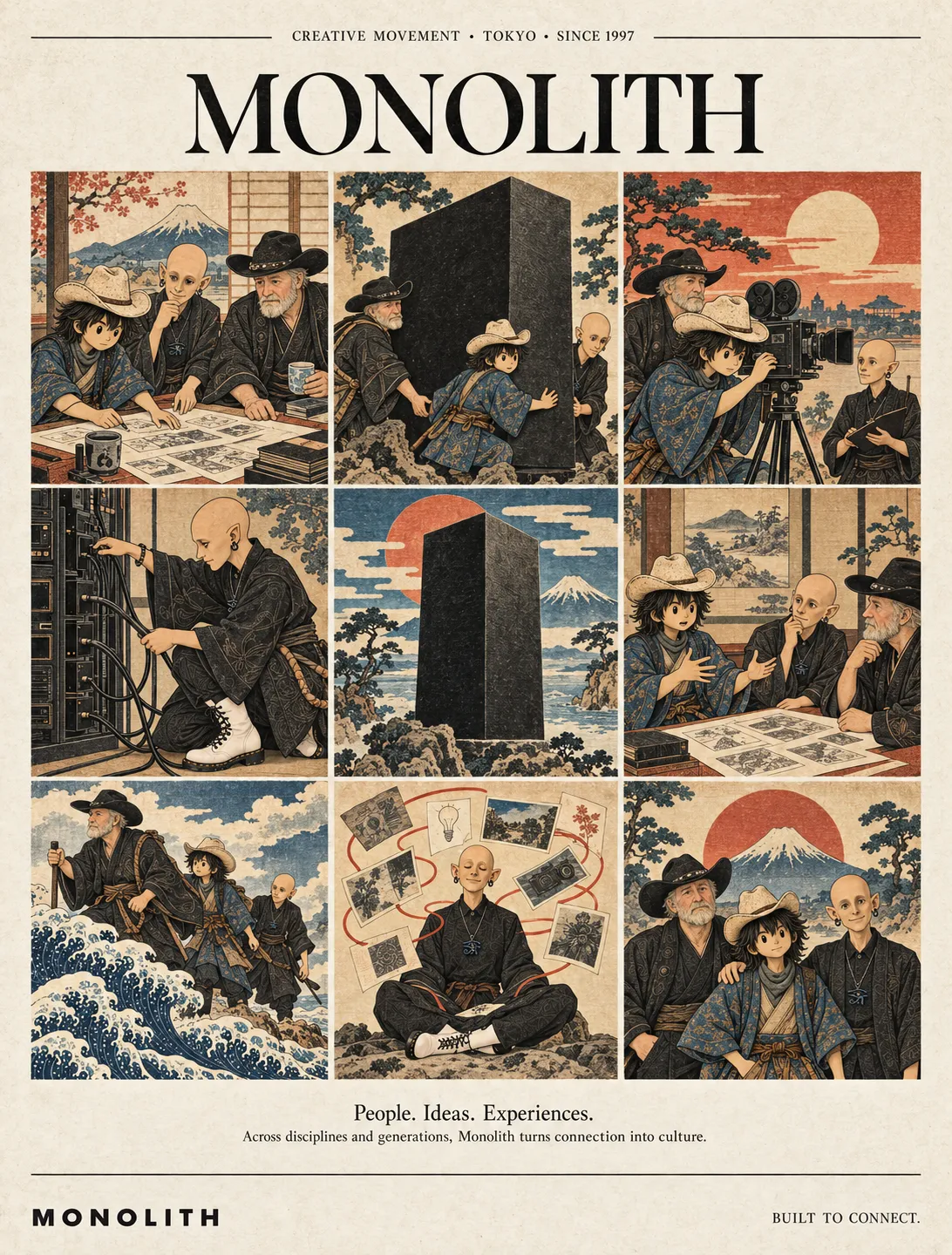 Monolith poster in Japanese woodblock style, Creative movement, Tokyo, since 1997: nine panels of Mono-kun and two companions drawing storyboards, filming, wiring and standing by the black monolith under Mount Fuji; People. Ideas. Experiences. Built to connect.