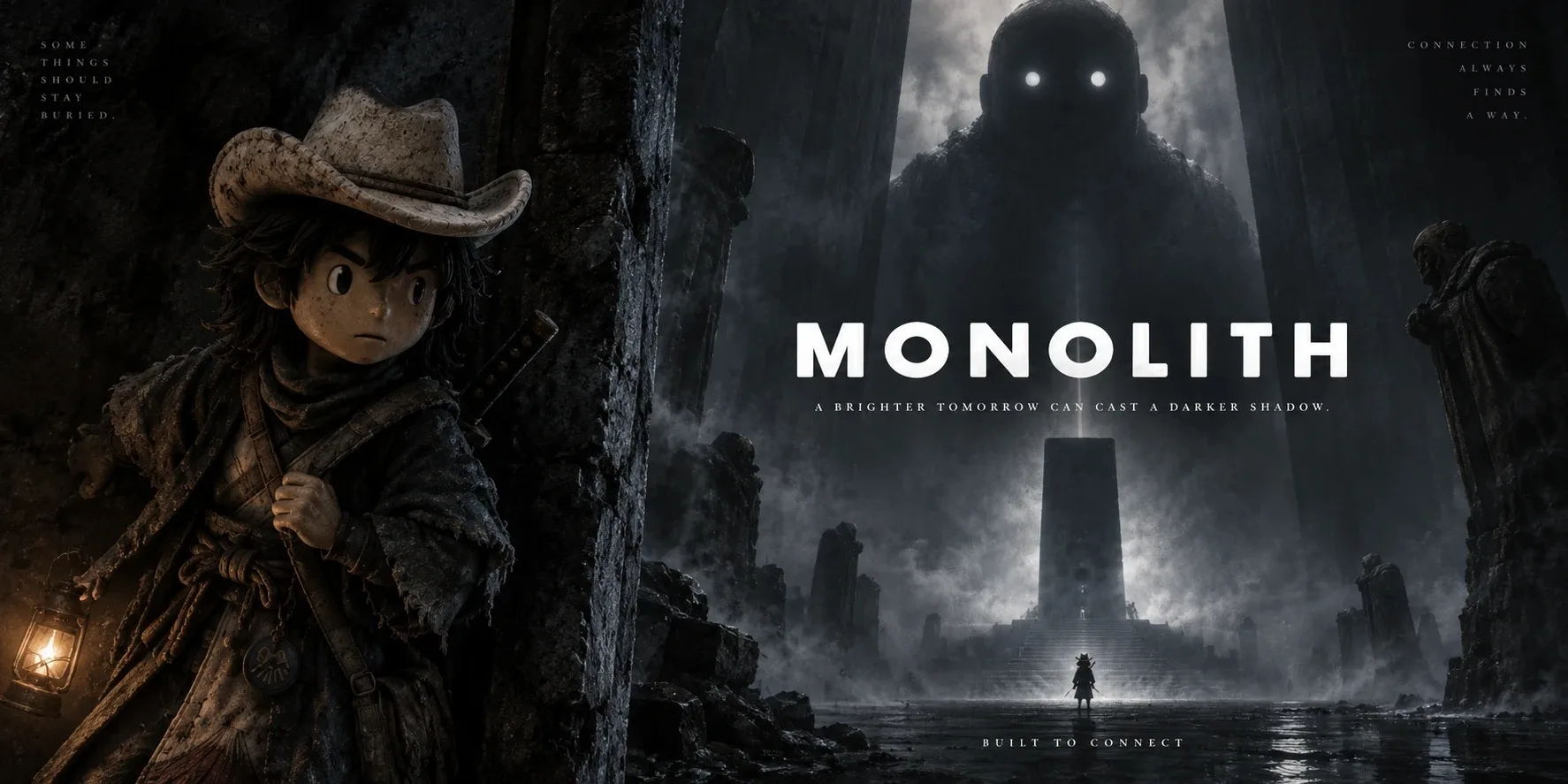 Monolith poster: Mono-kun hides behind a stone pillar with a lantern while a giant figure looms over a dark temple; A brighter tomorrow can cast a darker shadow