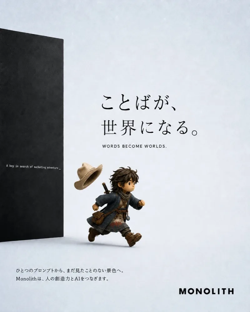 Monolith ad: Mono-kun running past a tall black monolith, his hat flying off, with the line Words become worlds