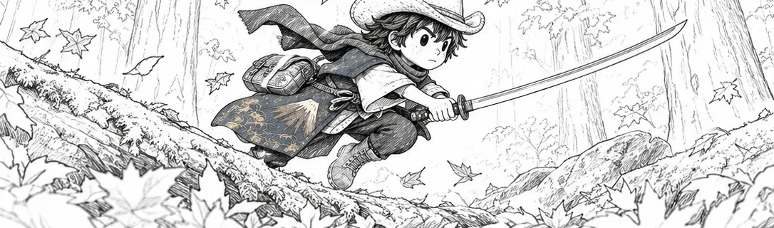 Layer 1, linework: a black and white sketch of Mono-kun leaping along a fallen log with his katana