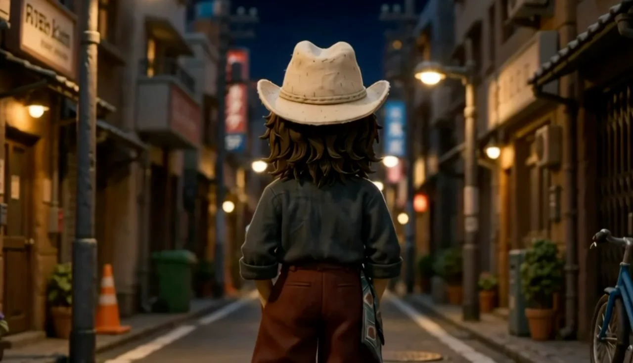 Mono-kun seen from behind, walking down a quiet street at night