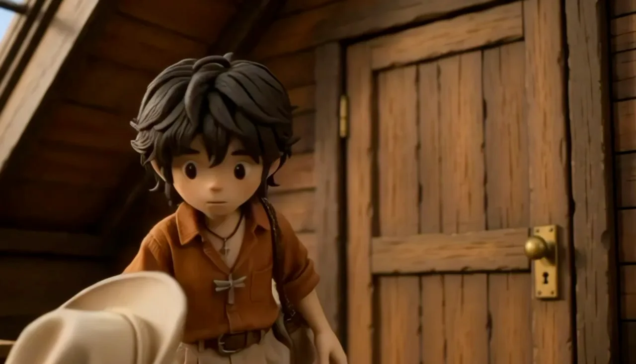 Mono-kun in an orange shirt at a wooden door, heading out to the office