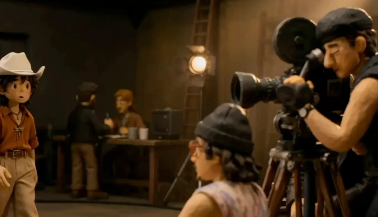 Mono-kun on a clay film set next to a camera operator