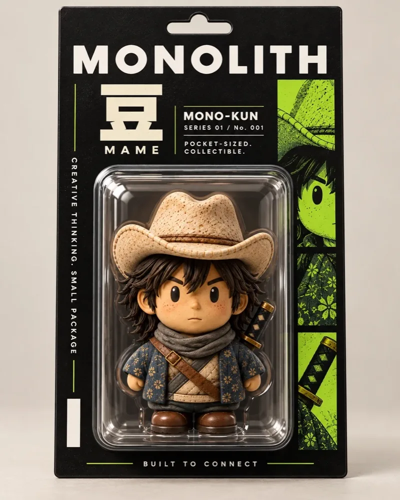 Mame packaging: a small Mono-kun figure in a clear blister on a black card, Series 01 No. 001