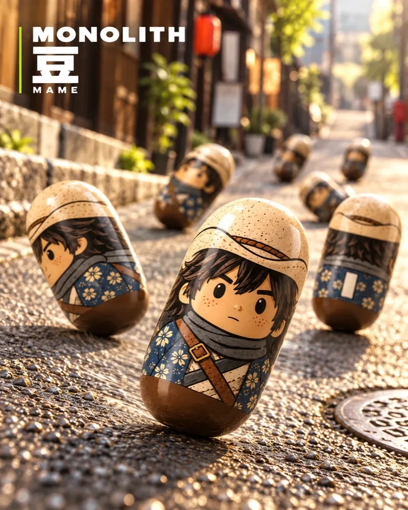 Mame capsule figures of Mono-kun rolling down a sunny street